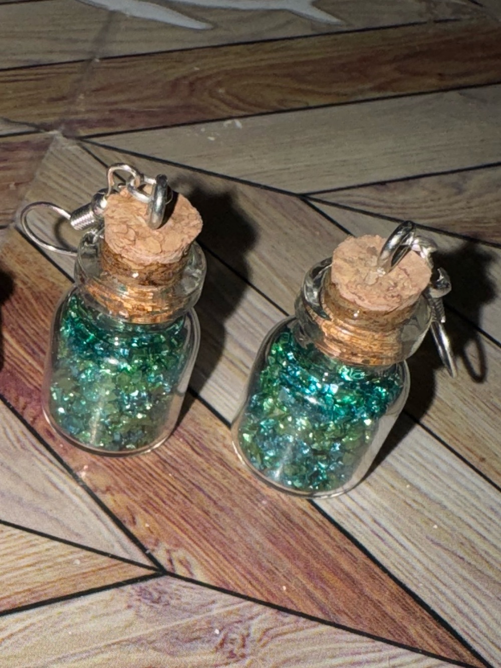 Mini Glass Bottle Earrings with Pink Crystal and Green Glitter